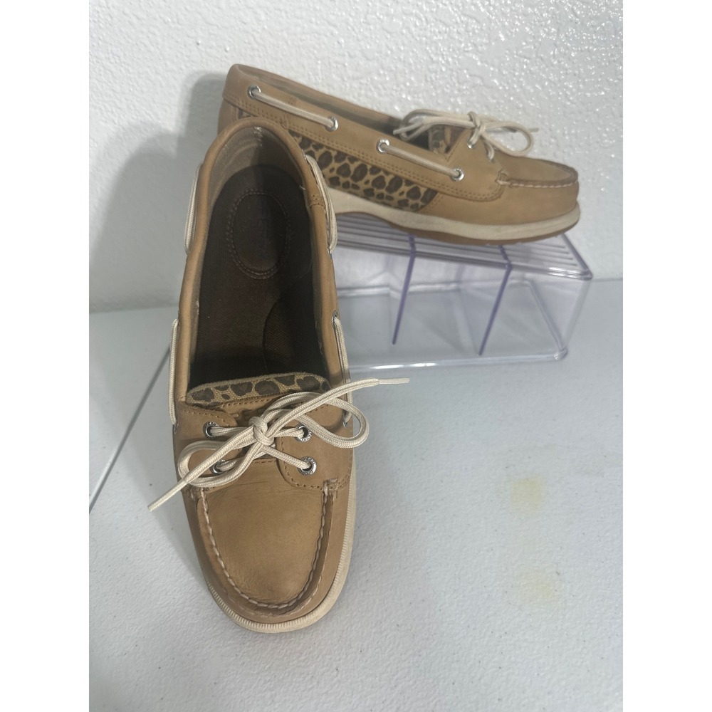 Sperry Top Sider Women Tan Leather Animal Print Shoes Loafers  Size 8
